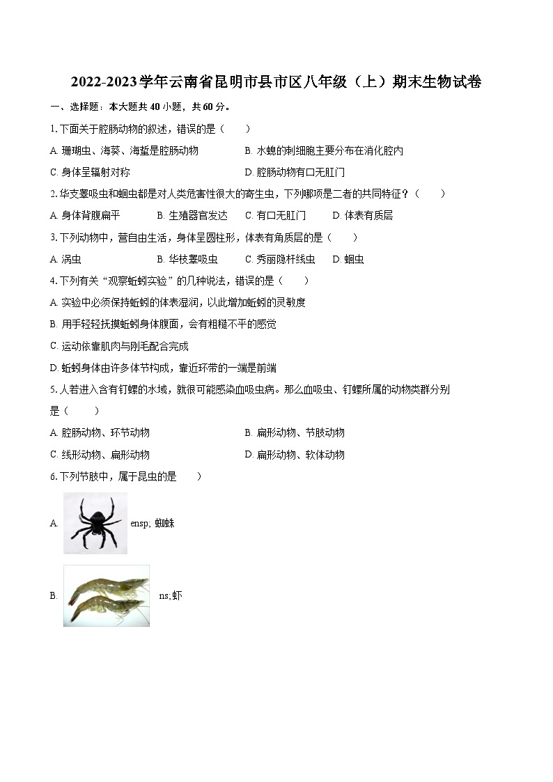2022-2023学年云南省昆明市县市区八年级（上）期末生物试卷(含详细答案解析)01