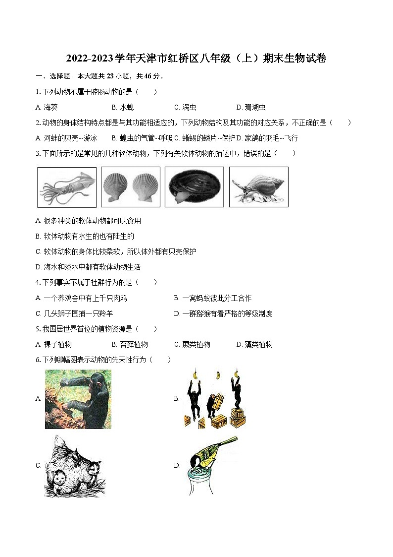 2022-2023学年天津市红桥区八年级（上）期末生物试卷（含详细答案解析）01