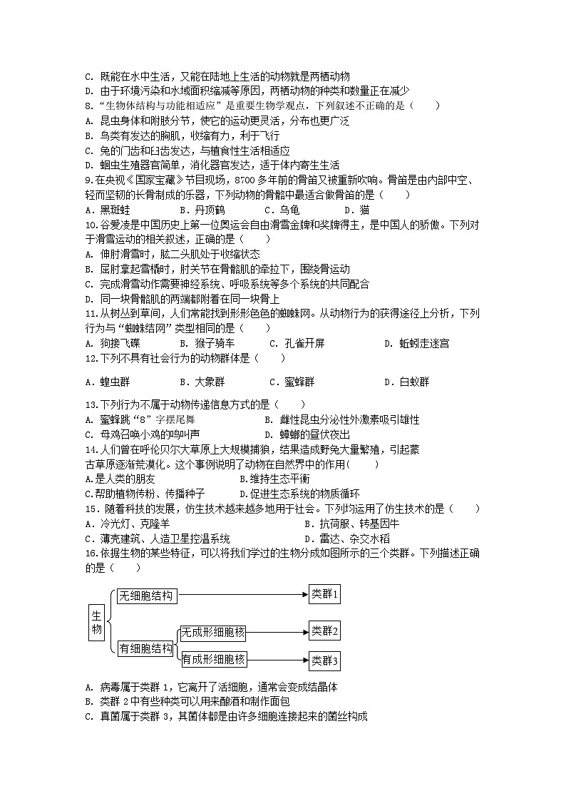 四川省自贡市蜀光绿盛实验学校2023-2024学年八年级上学期12月月考生物试题02