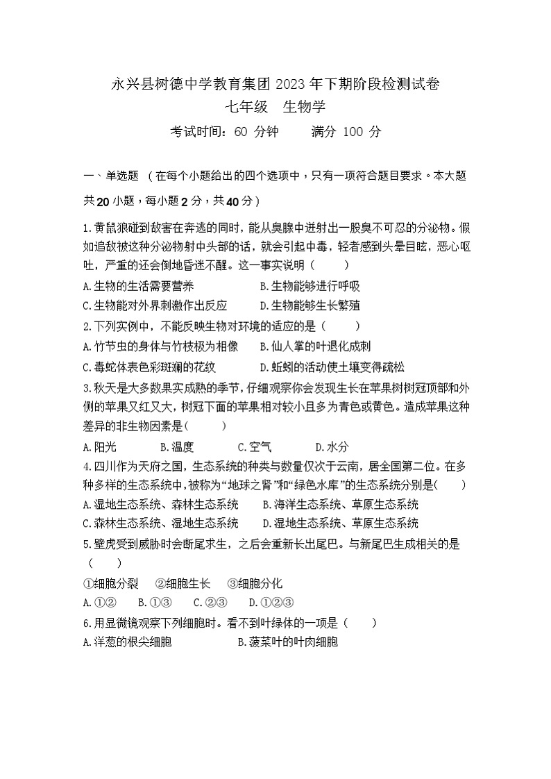 湖南省郴州市永兴县三校联考2023-2024学年七年级上学期1月月考生物试题第1页
