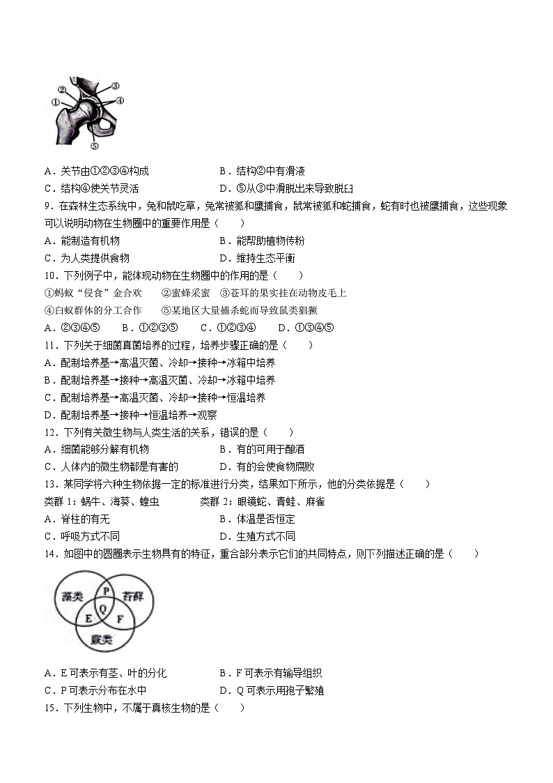 吉林省松原市宁江区2023-2024学年八年级上学期生物期末试题+02