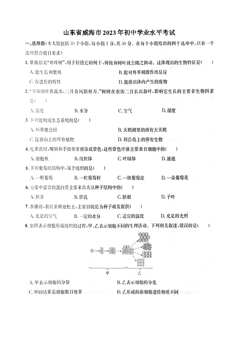 2023年山东省威海市生物中考真题第1页