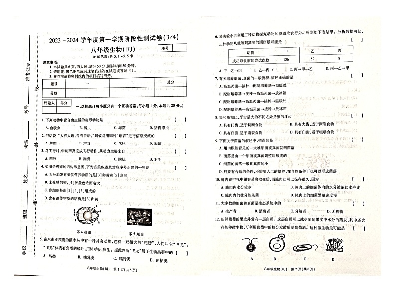 河南省漯河市临颍县2023-2024学年八年级上学期生物第三次月考试卷试题01