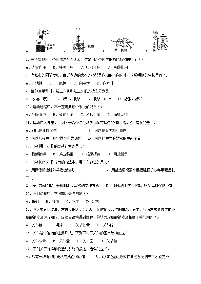 江西省吉安市吉安县2023-2024学年八年级上册12月月考生物模拟试卷（附答案）02