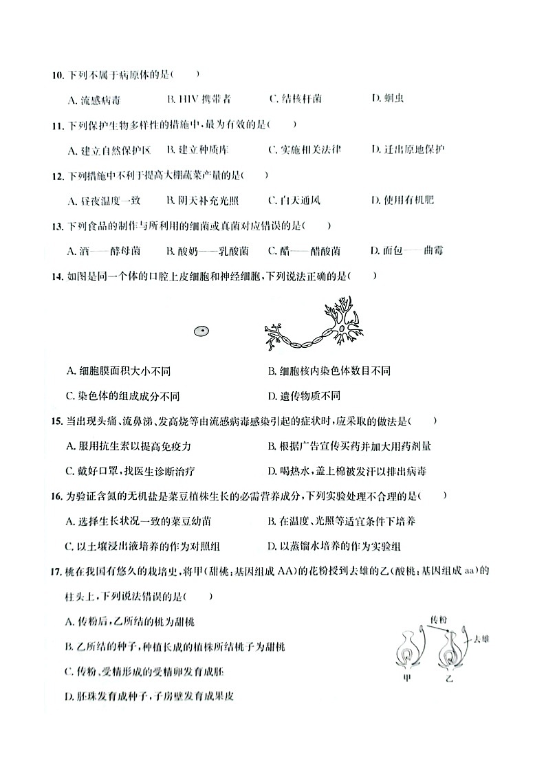 2023年山东省日照市生物中考真题02