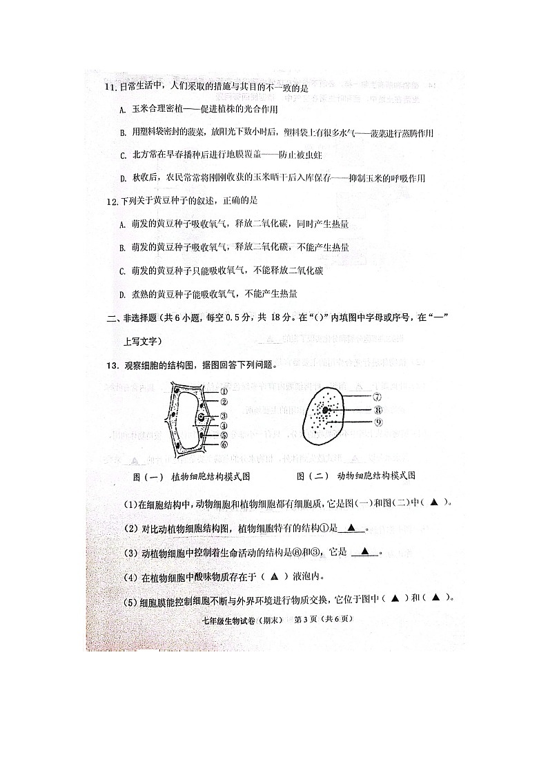 辽宁省抚顺县2023-2024学年七年级上学期期末教学质量检测生物试卷03