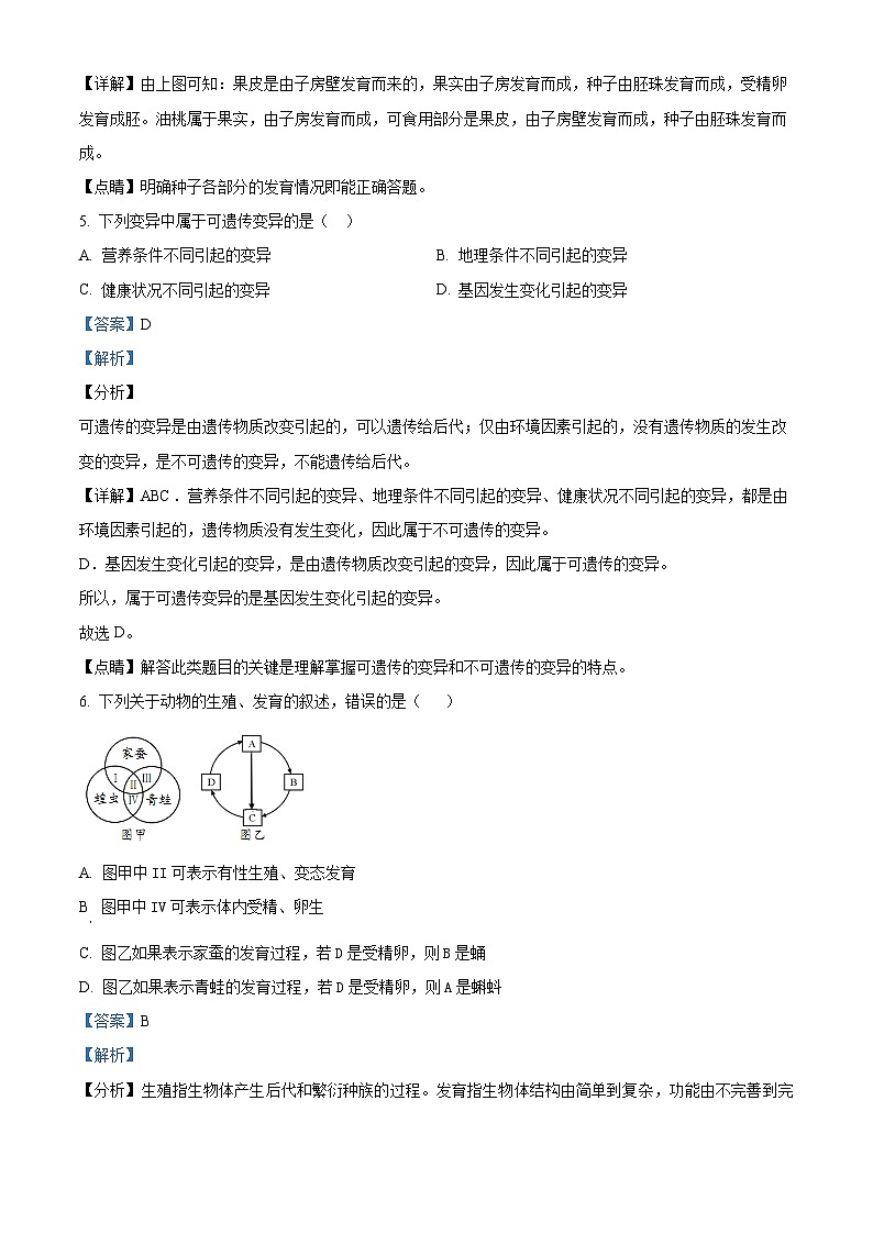 山东省德州市武城县甲马营镇中学2023-2024学年八年级上学期第二次月考生物试题03