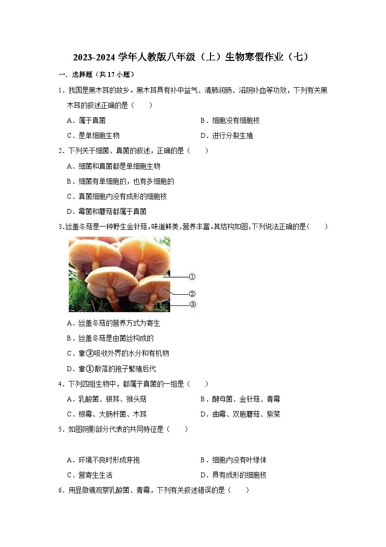 【寒假作业】2023-2024学年人教版 初中生物 八年级 寒假培优训练（七）（含解析）第1页