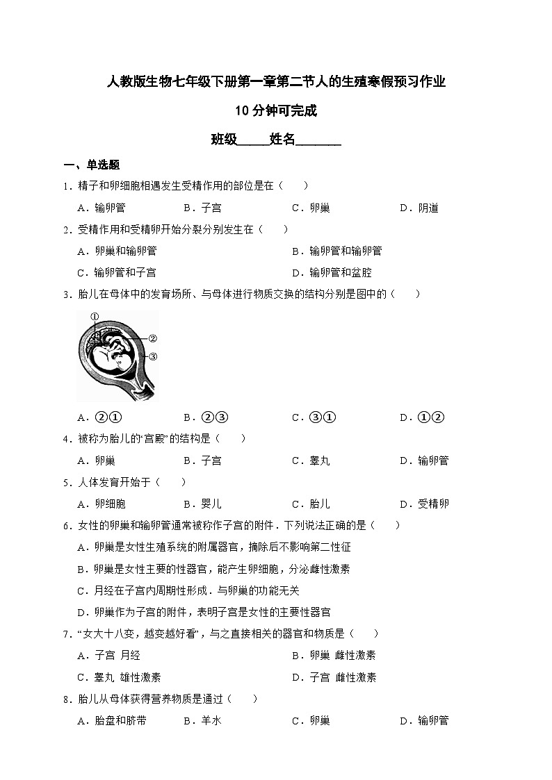 【寒假预习作业】人教版 初中生物 七年级 4.1.2人的生殖 （含解析）-练习01