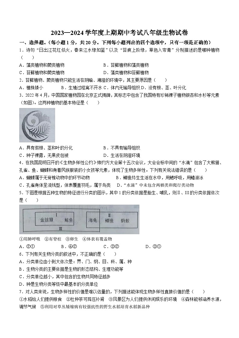 河南省周口市扶沟县2023-2024学年八年级上学期期中生物试题第1页