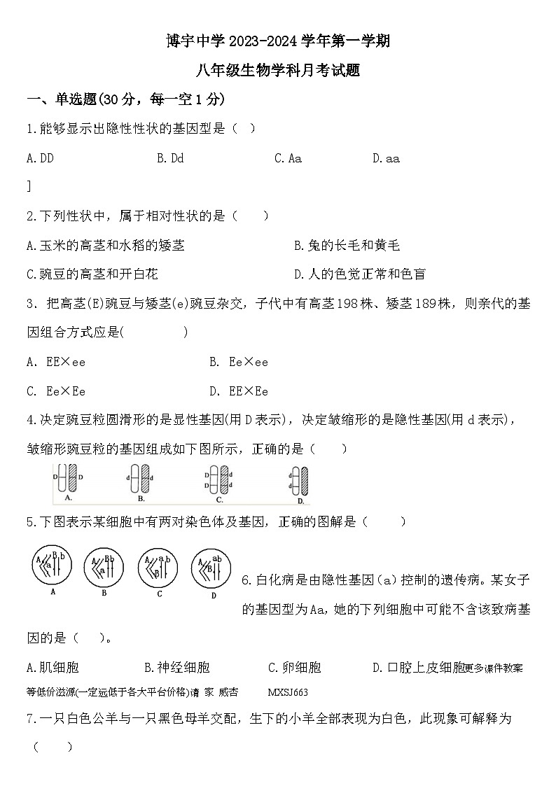 山东省菏泽市曹县曹县博宇中学2023-2024学年八年级上学期12月月考生物试题01