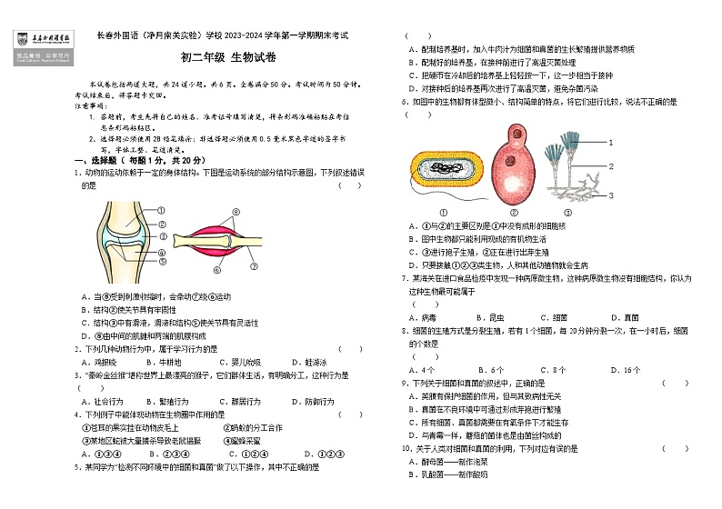 吉林省长春外国语学校2023-2024学年八年级上学期期末生物试题第1页