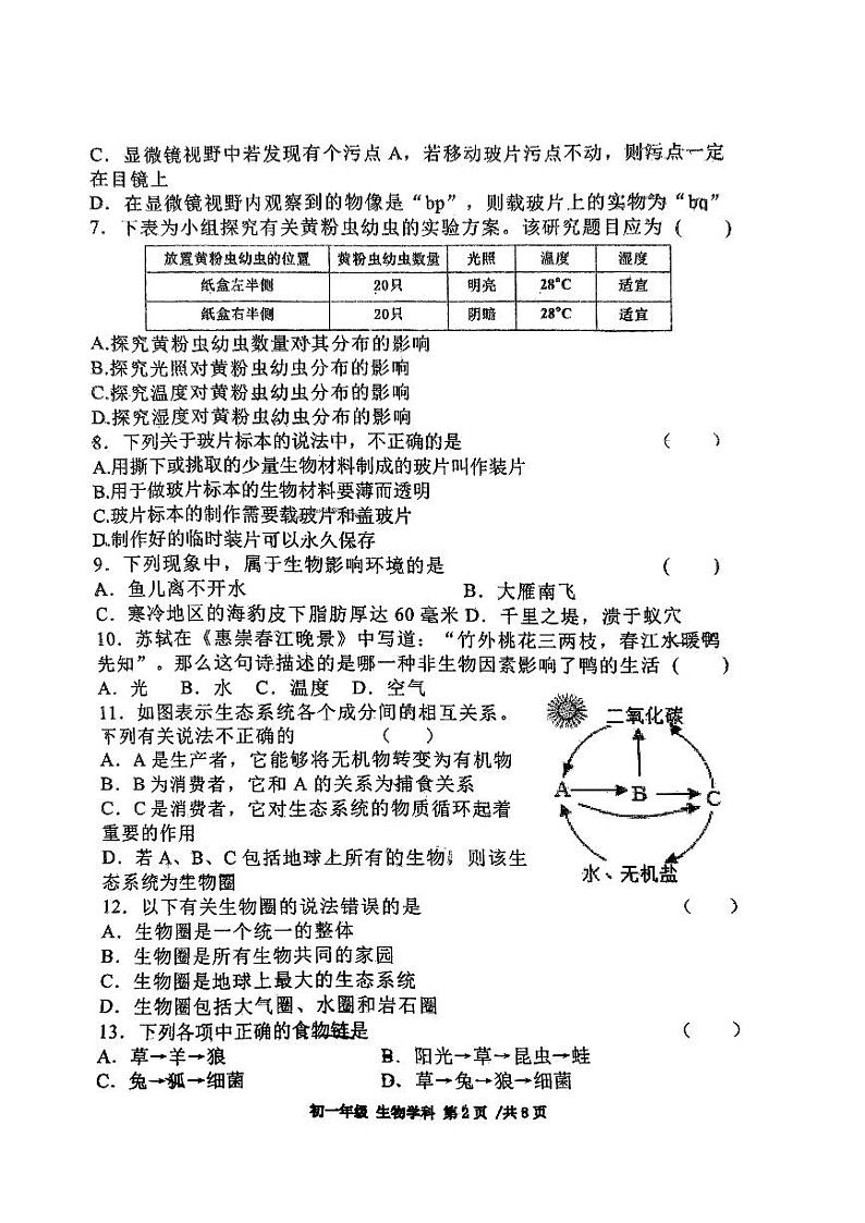 江苏省扬州市梅岭中学2023-2024学年七年级上学期期末生物试题02