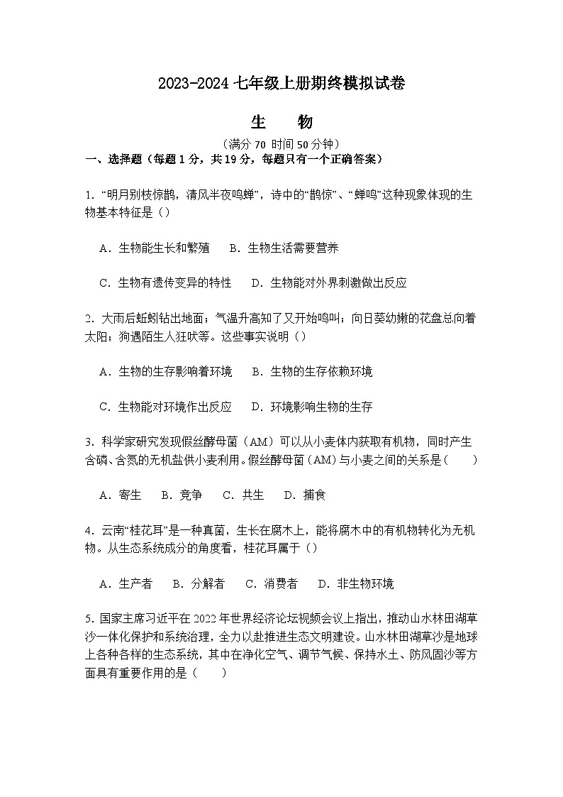 河南省商丘市第二中学2023-2024学年七年级上学期生物期末模拟试卷01