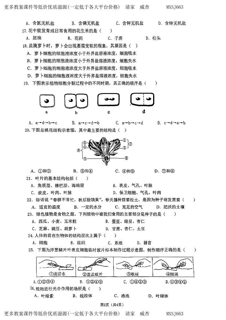 江苏省南京市鼓楼区树人中学2023-2024学年七年级上学期期末生物试卷02