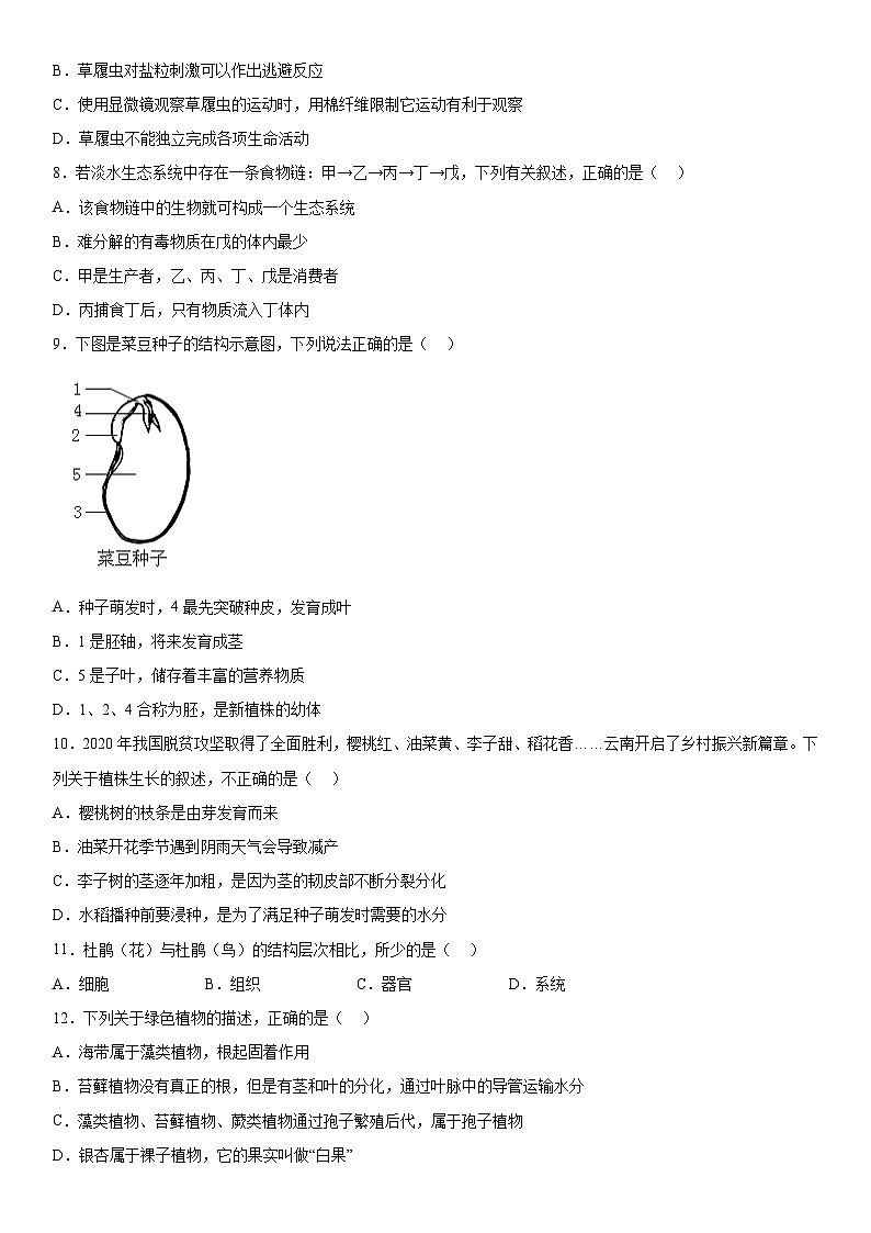 云南省红河州弥勒市朋普中学2023-2024学年七年级上册期末模拟生物试题（含解析）第2页