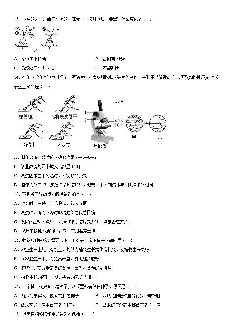云南省红河州弥勒市朋普中学2023-2024学年七年级上册期末模拟生物试题（含解析）第3页