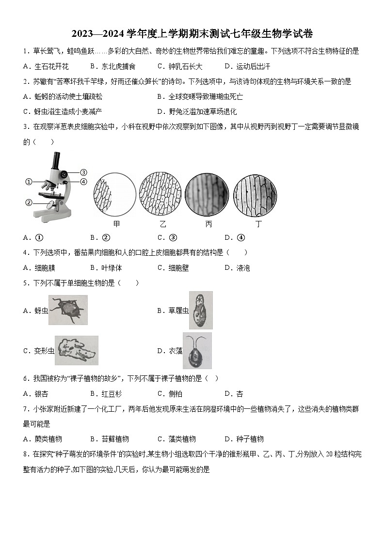 辽宁省丹东市凤城市2023-2024学年七年级上册期末考试生物试题（含解析）第1页