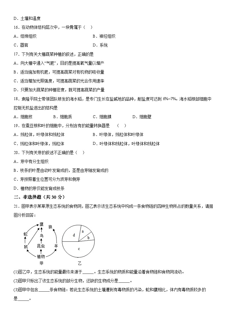 吉林省松原市油田第十二中学2023-2024学年七年级上册期末生物试卷（含解析）03