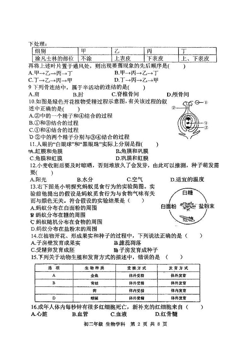 江苏省扬州市梅岭中学2023-2024学年八年级上学期期末生物试题02