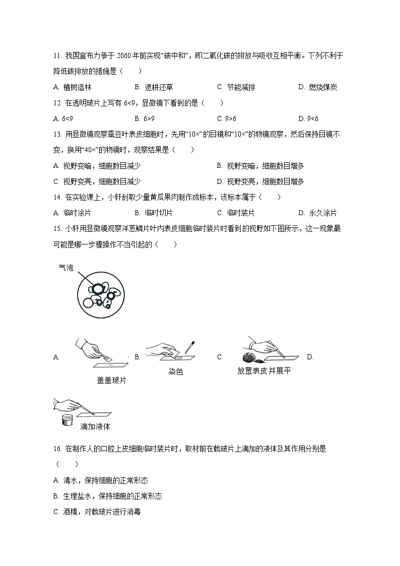 2023-2024学年陕西省渭南市七年级上册期中考试生物测试卷（附答案）03
