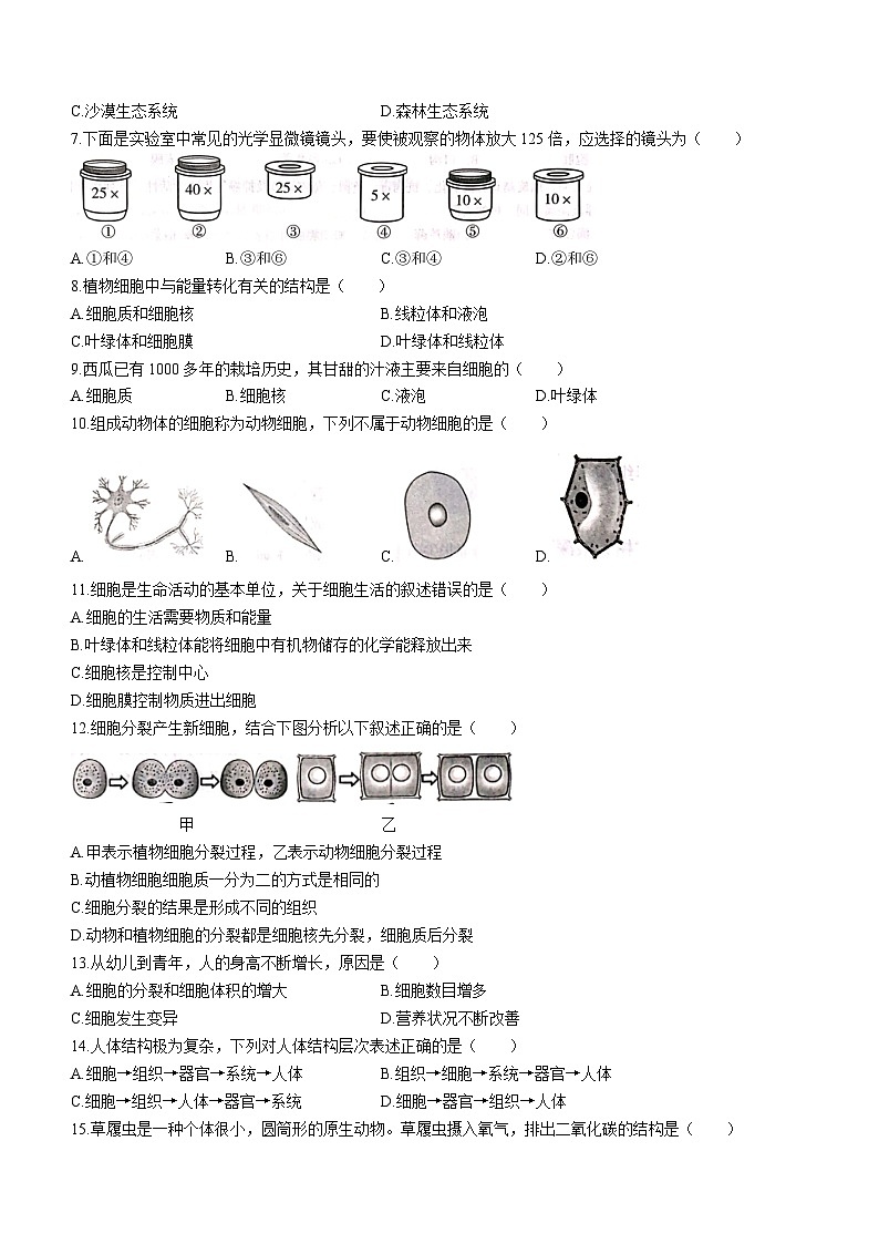 云南省曲靖市2023_2024学年七年级上学期期末考试生物试题卷第2页