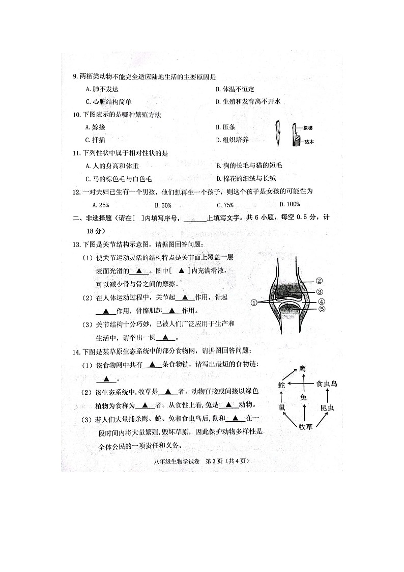 辽宁省抚顺市抚顺县2023-2024学年八年级上学期期末教学质量检测生物学试卷02