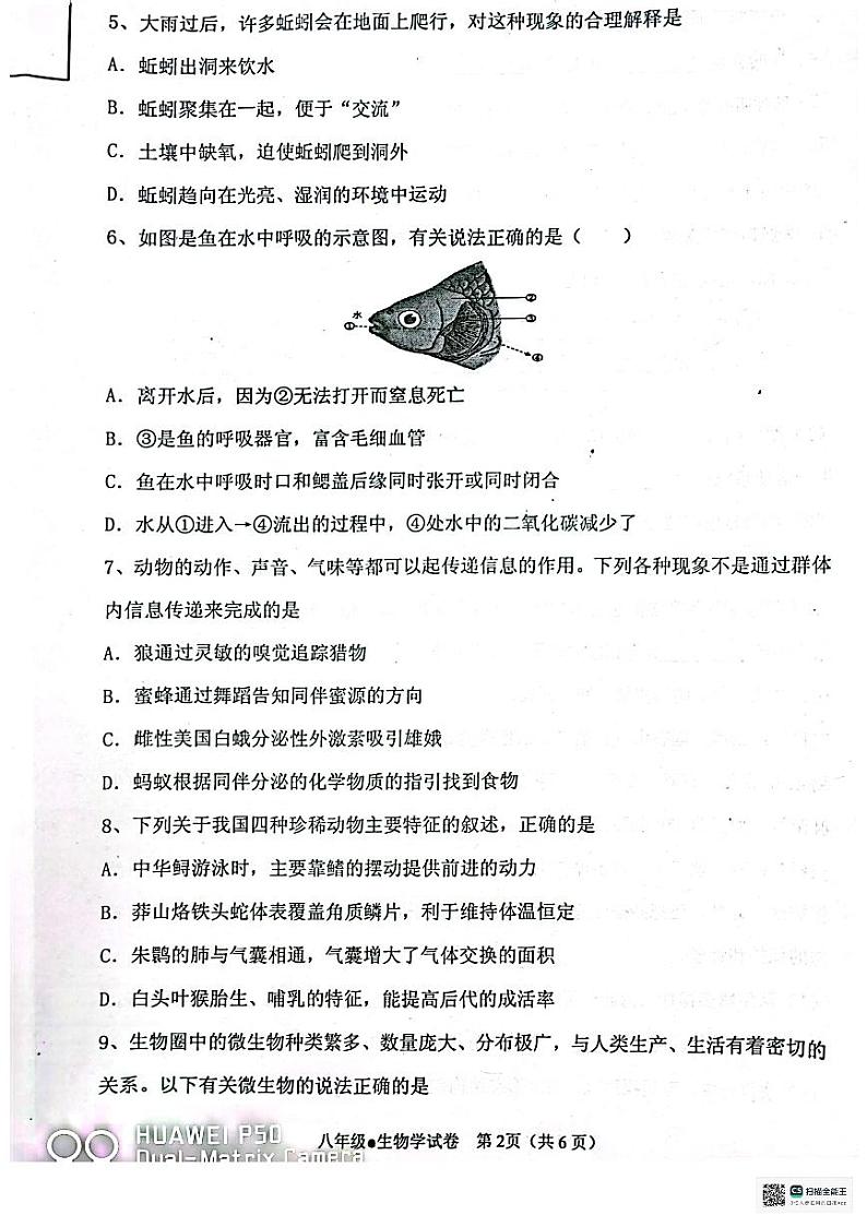 辽宁省丹东市东港市2023-2024学年八年级上学期期末生物试题02