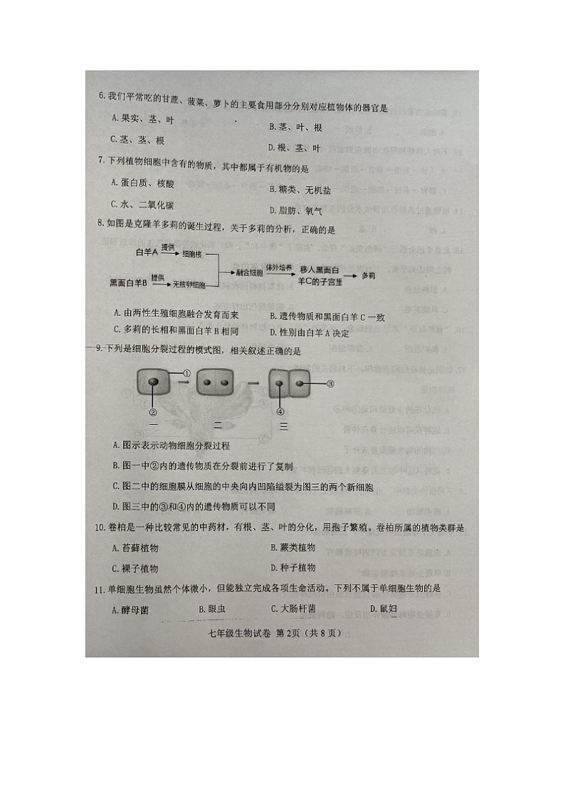 天津市西青区2023-2024学年七年级上学期期末学业质量检测生物试题02