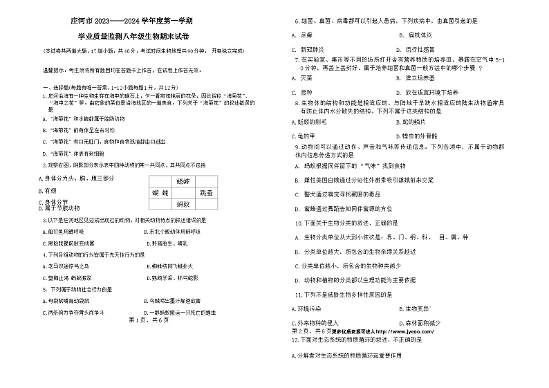 辽宁省大连市庄河市2023-2024学年八年级上学期期末生物试题01