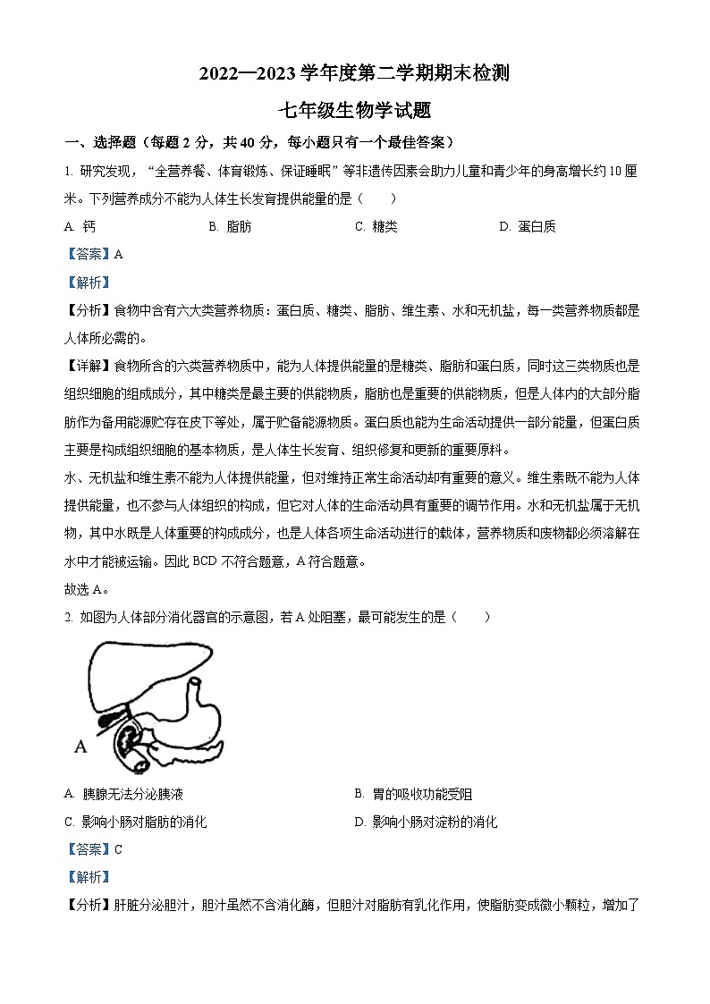 精品解析：山东省济宁市邹城市2022-2023学年七年级下学期期末生物试题（解析版）01