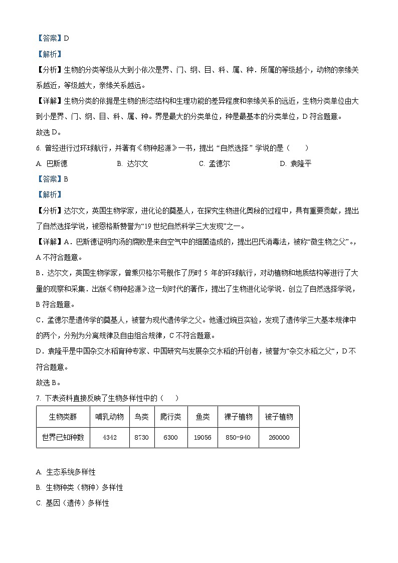 湖南省永州市新田县2022-2023学年八年级上学期期末生物试题（解析版）03