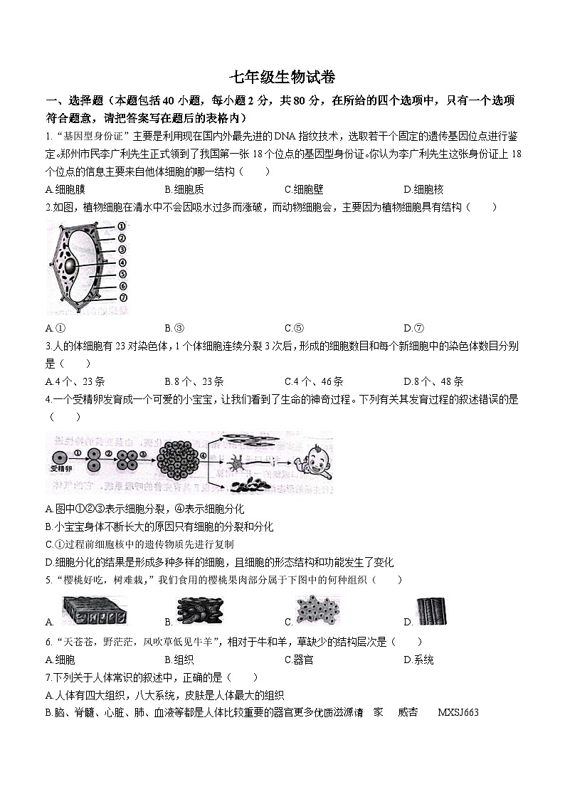 江苏省宿迁市泗洪县2022-2023学年七年级下学期期末生物试题第1页