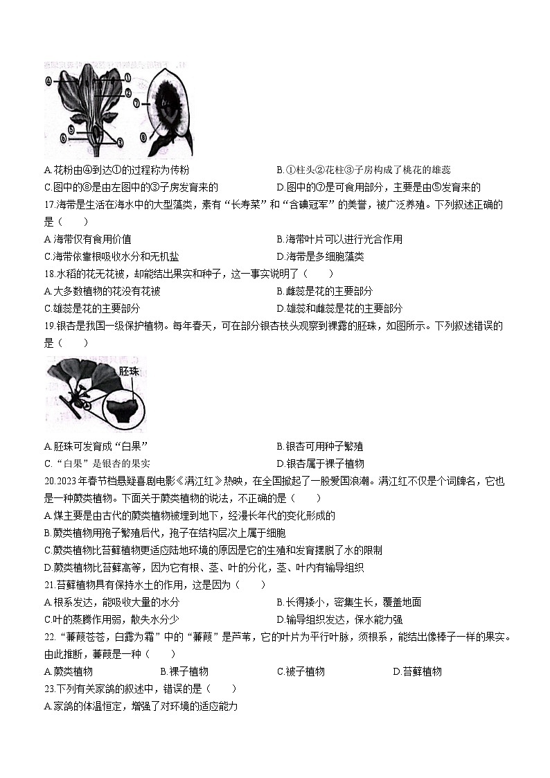 江苏省宿迁市泗洪县2022-2023学年七年级下学期期末生物试题第3页