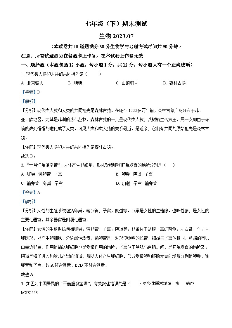 辽宁省大连市高新园区2022-2023学年七年级下学期期末生物试题（解析版）01