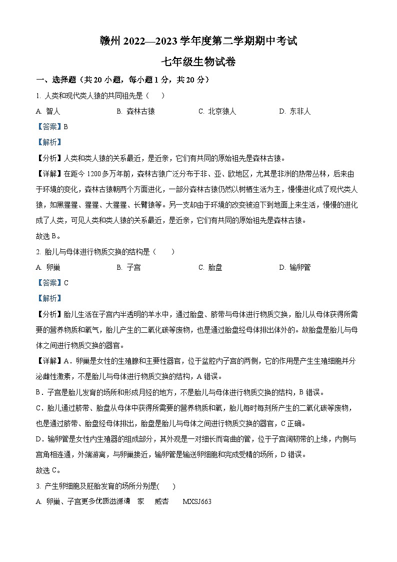 江西省赣州地区2022-2023学年七年级第下学期期中生物试题（解析版）01