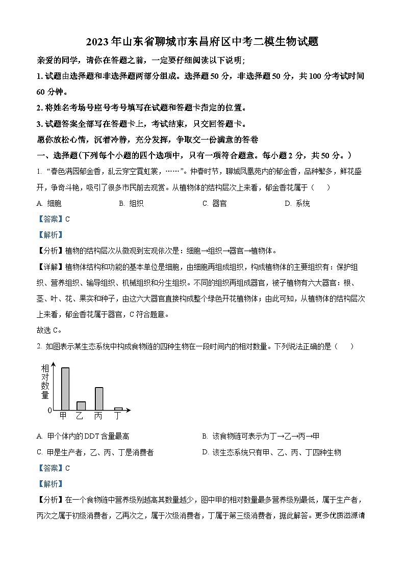 2023年山东省聊城市东昌府区中考二模生物试题（解析版）01