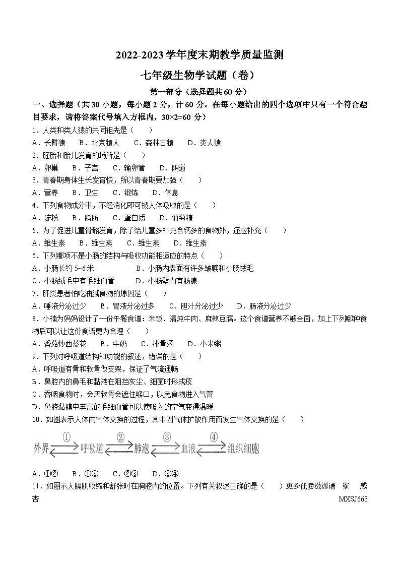 陕西省商洛市商南县2022-2023学年七年级下学期期末生物试题(无答案)第1页
