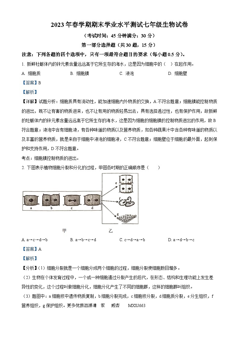 江苏省泰州市高港区等2地2022-2023学年七年级下学期期末生物试题（解析版）01