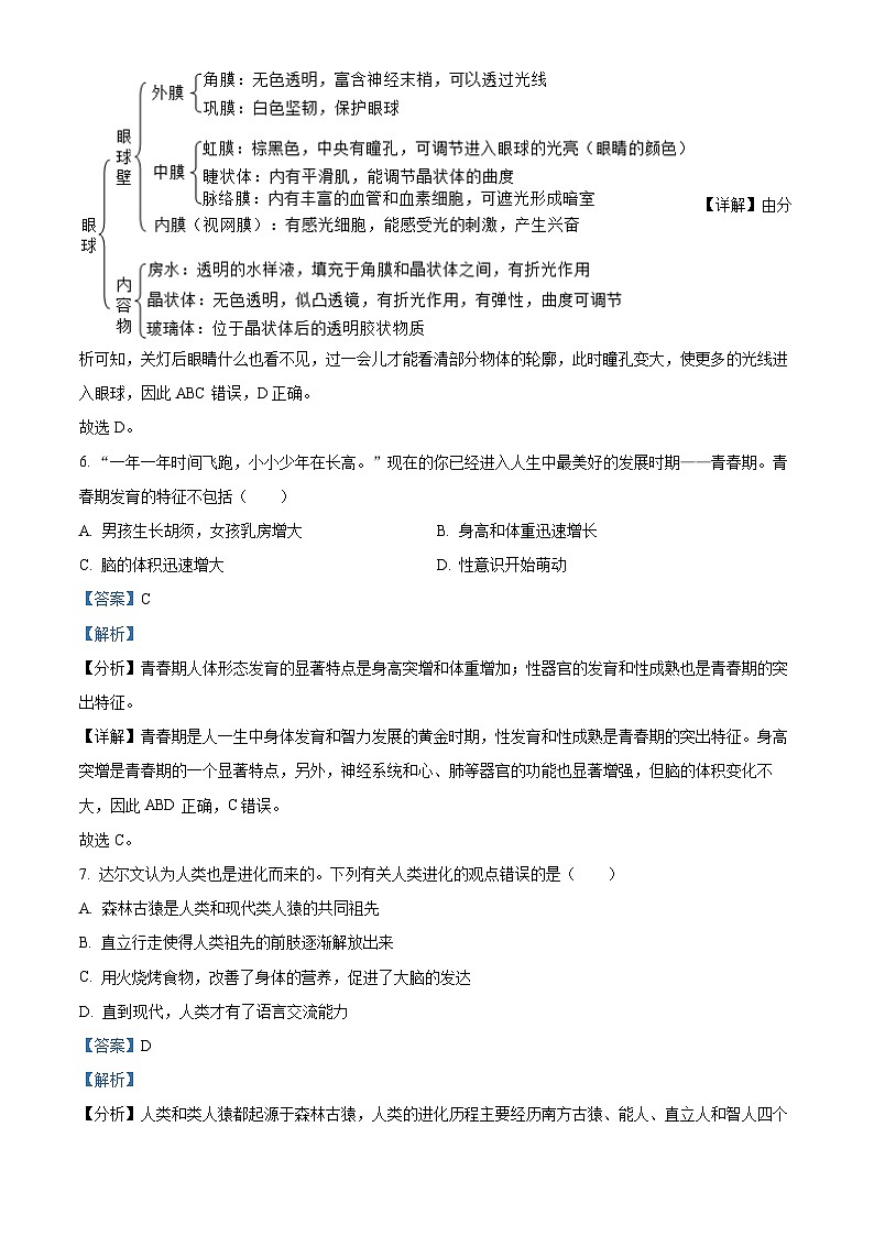 陕西省渭南市韩城市2022-2023学年七年级下学期期末生物试题（解析版）第3页