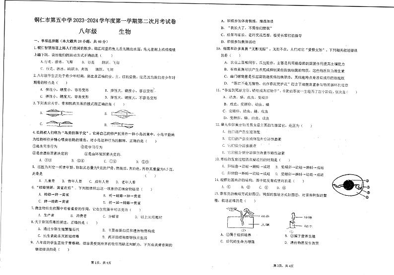 贵州省铜仁市第五中学2023-2024学年八年级上学期12月月考生物试卷第1页