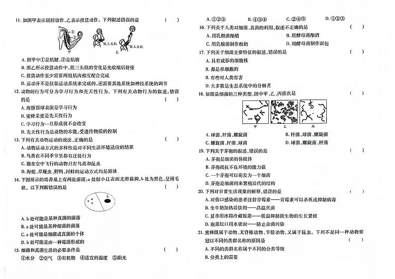 吉林省四平市双辽市2023-2024学年上学期八年级生物期末试卷（图片版，含答案）第2页