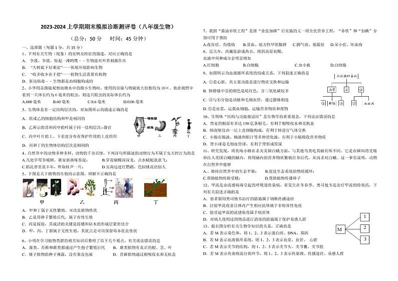 湖北省襄阳市襄州区第九中学2023-2024学年八年级上学期期末模拟生物试题01