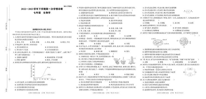 河南省洛阳市孟津区县直中学2022—2023学年下学期第一次学情诊断试卷七年级生物（苏教版）答案第1页