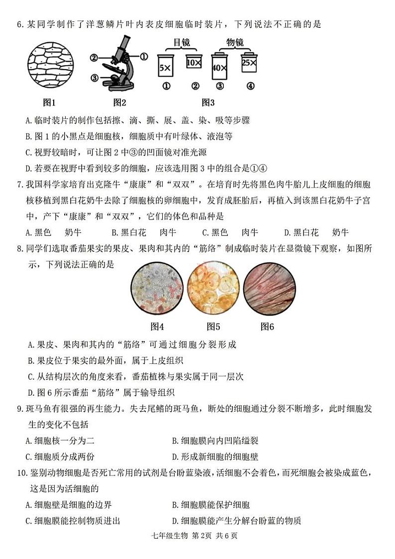 内蒙古包头市昆都仑区2023-2024学年七年级上学期期末生物试题第2页
