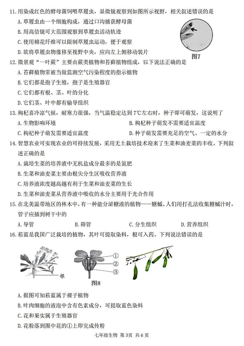 内蒙古包头市昆都仑区2023-2024学年七年级上学期期末生物试题第3页