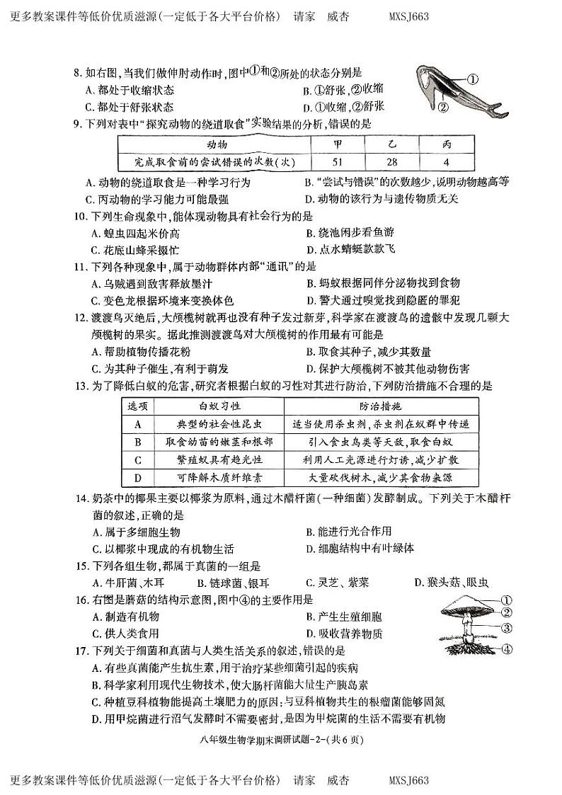 陕西省榆林市榆阳区2023-2024学年八年级上学期期末调研生物试卷02