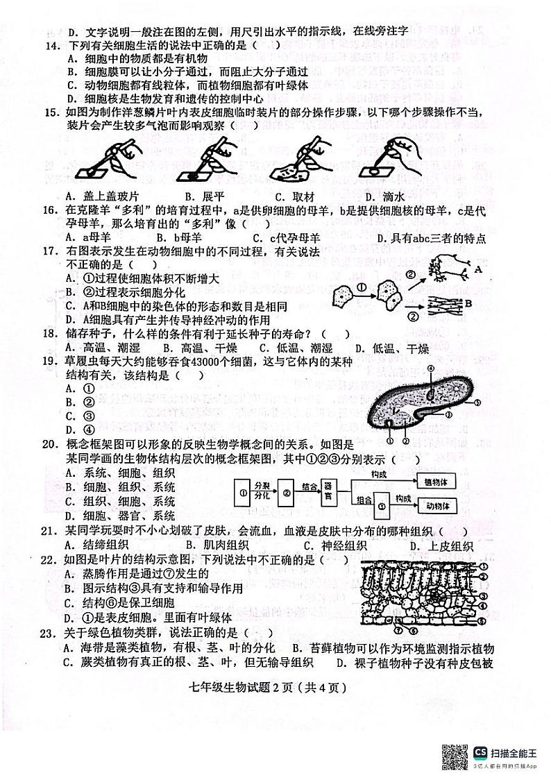 四川省达州市渠县2023-2024学年七年级上学期期末生物试题02
