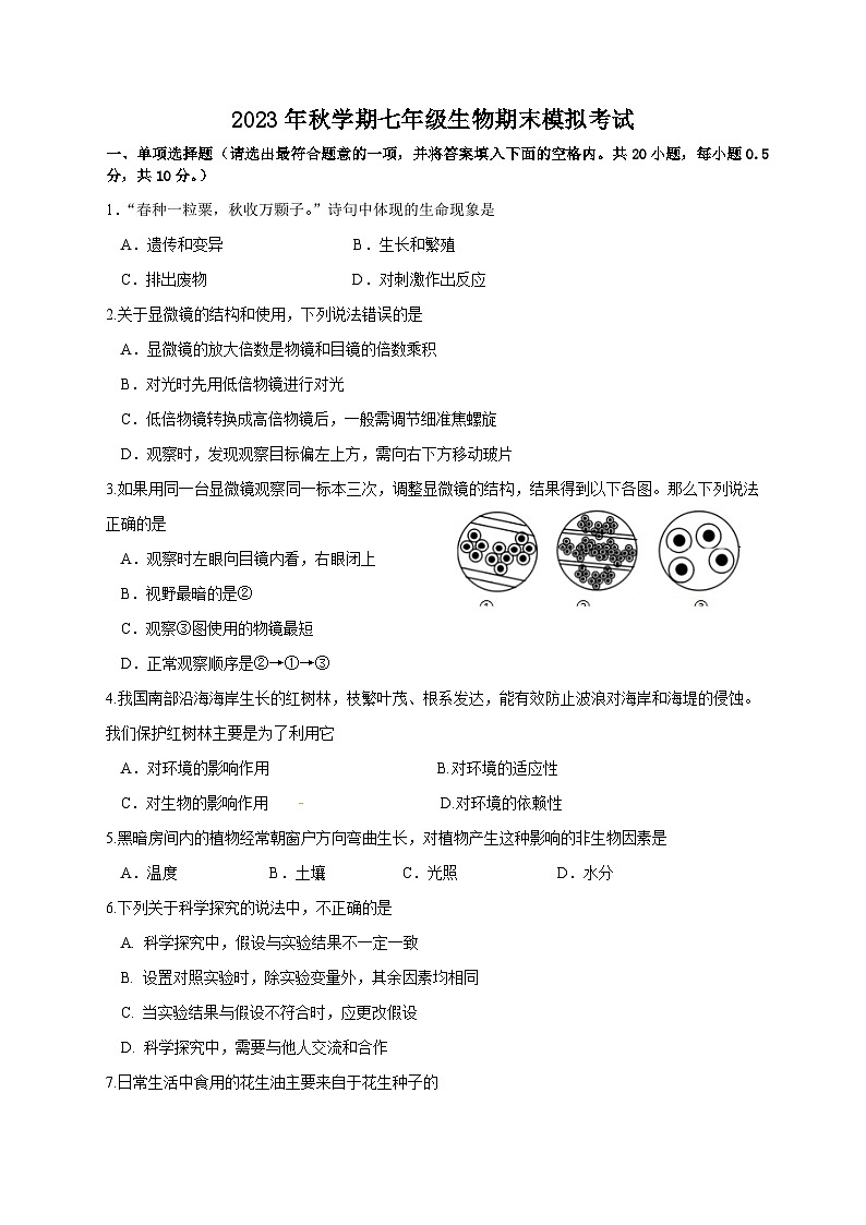 江苏省盐城市盐都区实验初中2023--2024学年七年级上学期生物期末模拟考试试题01