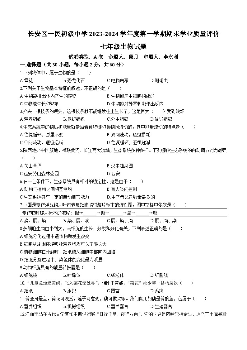陕西省西安市长安区一民初级中学2023-2024学年七年级上学期生物期末考试试题(无答案)第1页